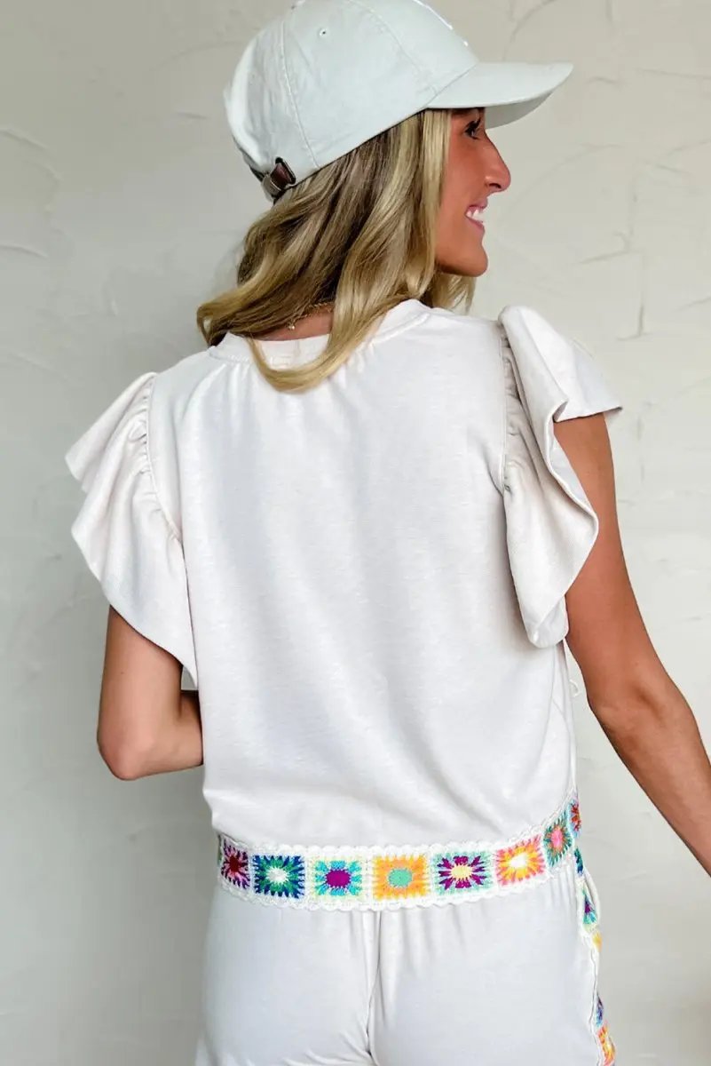 White Floral Crochet Patched Ruffled Sleeve Crewneck Blouse - Love Salve